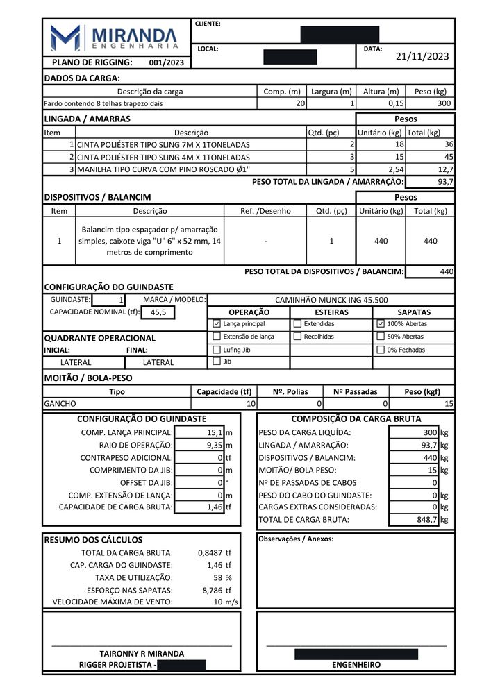 Formulário do plano de rigging, tarjado